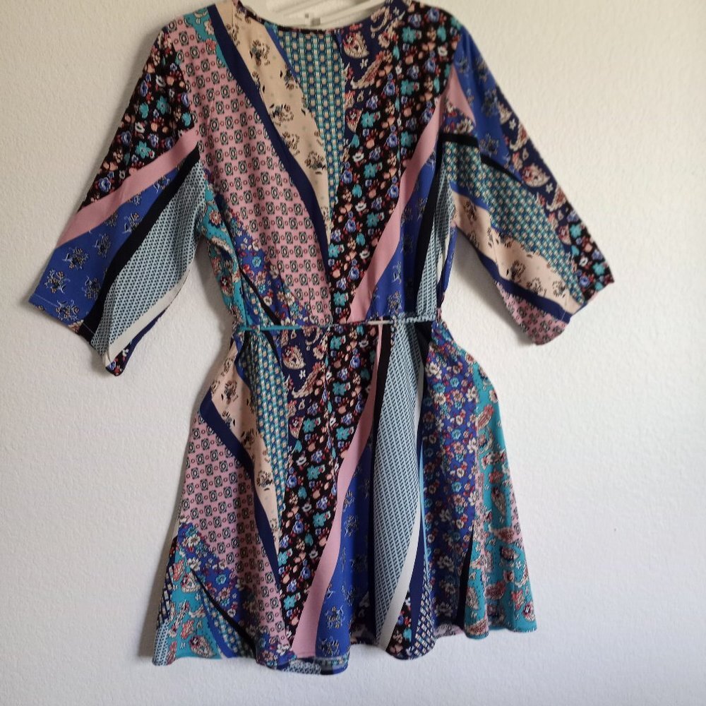 BeBop Floral Paisley Mixed Print Faux Wrap Floral Dress Small Sz.12 & 3/4 Sleeve